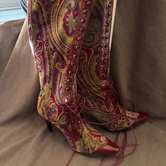ETRO Vintage Velvet Knee High Leather Boots EU 37.5 US 7.5 - Picture 2 of 7